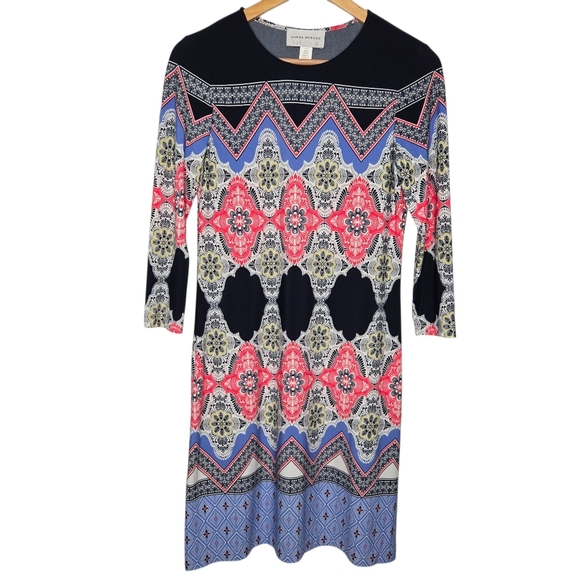 Donna Morgan Colorful Boho Geo Paisley Print 3/4 Sleeve Shift Dress Size 4 - Picture 1 of 8